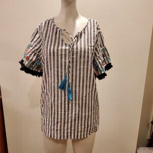 Rafaella Weekend Women's 100% Cotton Short Sleeve Striped Fringe Blouse Size S